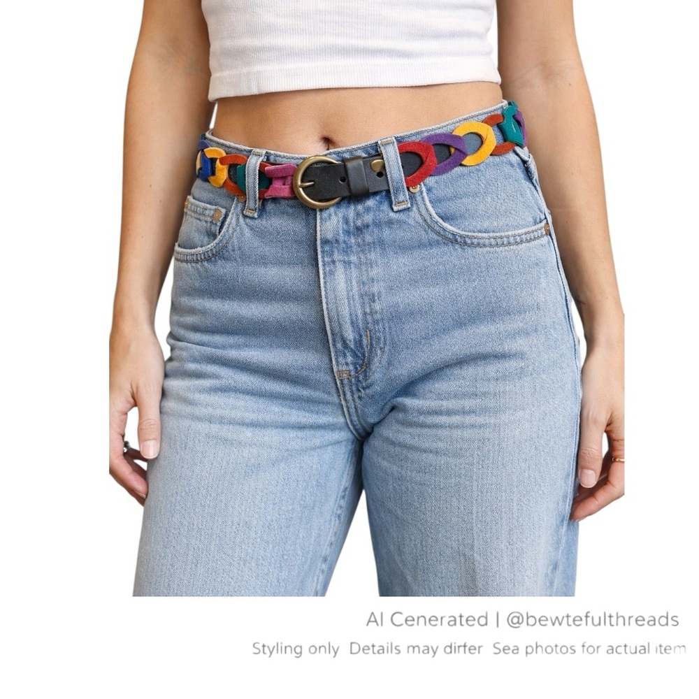 ZIG ZAG Multicolor Suede Link Belt Boho Statement Leather Brass Buckle